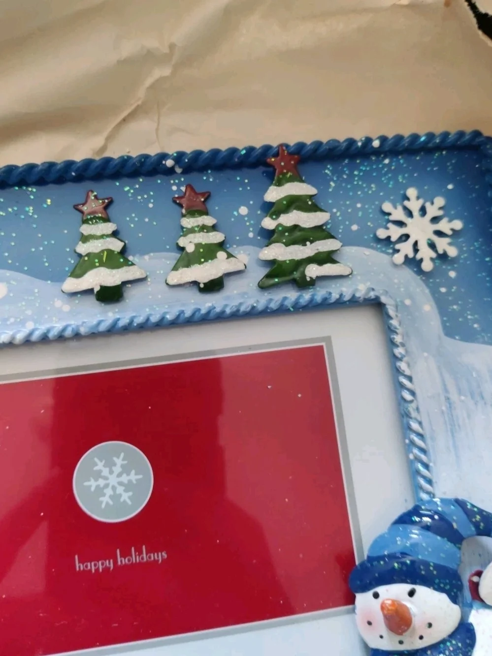 Kohl's Blue Snowman Holiday Picture Frame with Green Trees